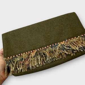 Shiraleah boho distressed fringe clutch in green